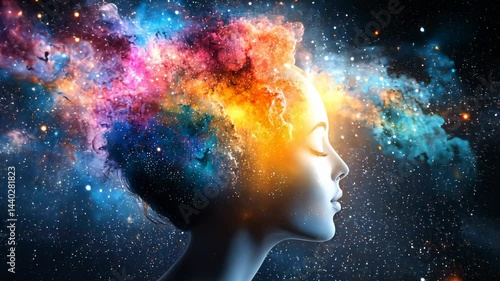 Cosmic Woman with Colorful Galaxy Hair in Celestial Background