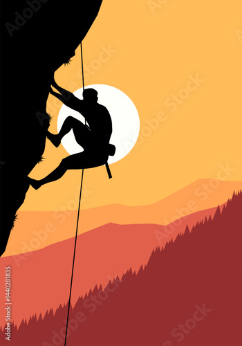 A daring rock climber ascends a rugged cliff face under clear skies, equipped with ropes and harness, showcasing strength, focus, and the thrill of conquering