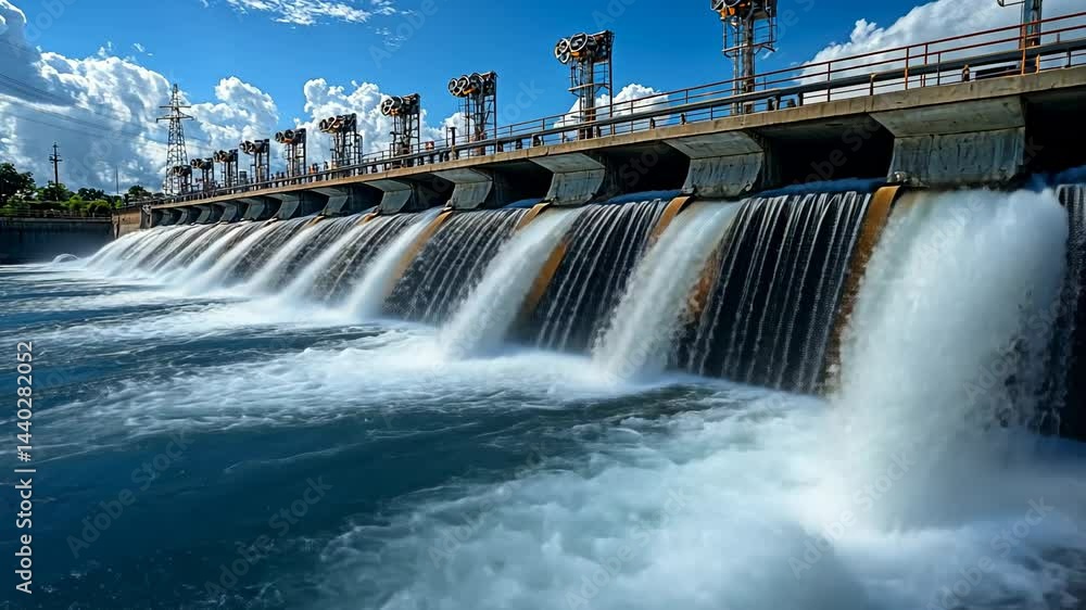 Water Dam with Powerful Water Flow Under Bright Blue Sky Water Dam with Powerful Water Flow Under Bright Blue Sky
