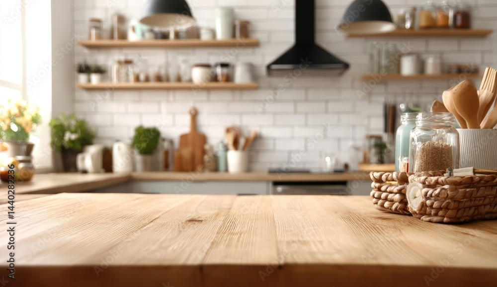 Sunlit modern kitchen with wooden countertop, open shelves, and stylish decor, creating a warm, inviting atmosphere for cooking and gathering. Sunlit modern kitchen with wooden countertop, open shelves, and stylish decor, creating a warm, inviting atmosphere for cooking and gathering.