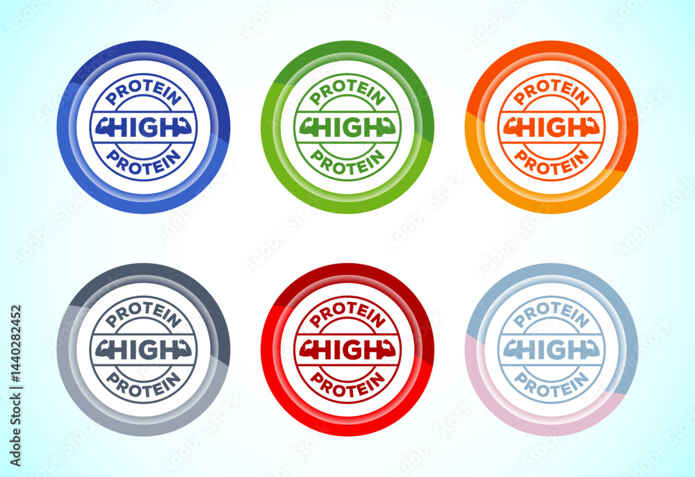 Obraz premium High protein icon design illustration, High protein label badge sign, 6 color button design set