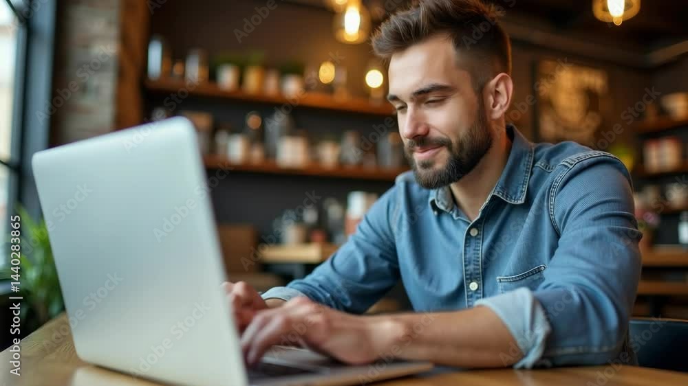 Man works on laptop in cozy cafe, enjoying coffee during morning hours while engaging in creative tasks Man works on laptop in cozy cafe, enjoying coffee during morning hours while engaging in creative tasks