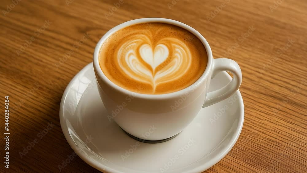 Beautiful latte art served in a white cup on a wooden table Beautiful latte art served in a white cup on a wooden table