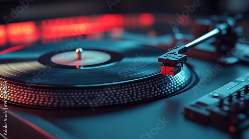 An alluring vinyl record player turntable bathed in the glow of a neon party light