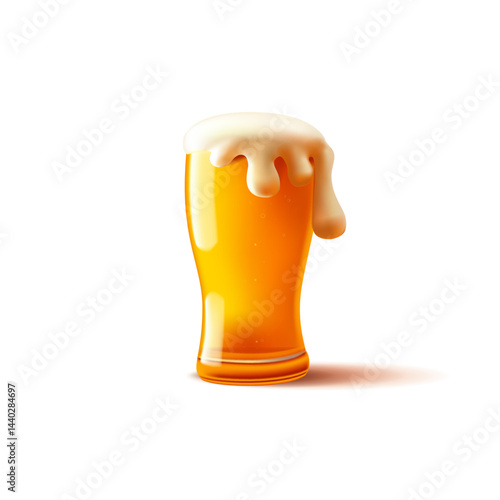 3D mug of golden foamy beer in a glass. Refreshing, thirst-quenching alcoholic drink on a white background. Vector illustration.