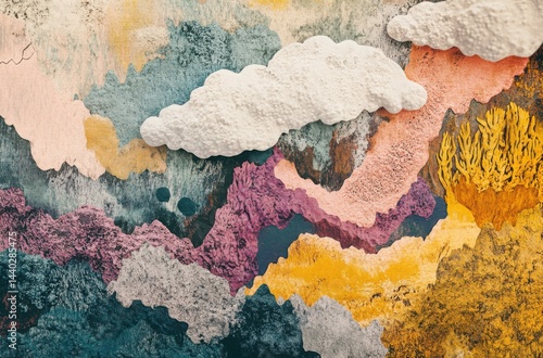 Mixed media texture collage featuring vibrant natural patterns - cloud shapes