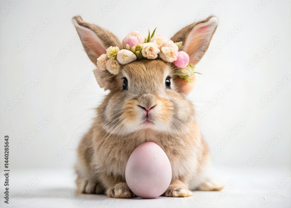 Obraz premium Adorable Easter Bunny Floral Crown Egg White Background - Cute Spring Rabbit Holiday Image