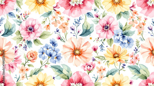 Seamless floral pattern, watercolor background pattern color flowers on white background