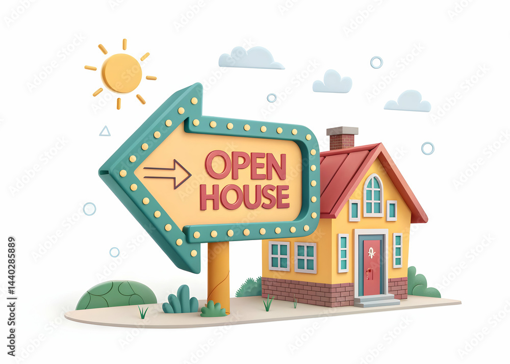 Fototapeta premium Colorful Open House Sign and House in a Friendly Style