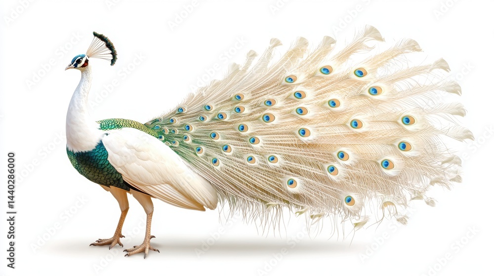 Fototapeta premium Elegant white peacock in full feather display, isolated on seamless white background for a clean, regal look