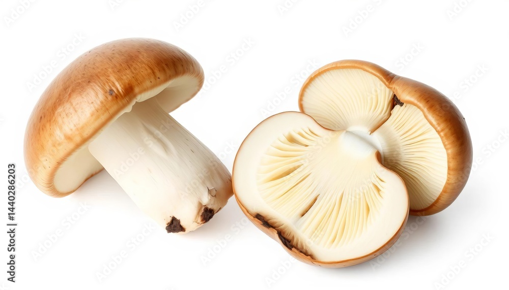 Two fresh champignons, one whole, one halved, isolated on white, vegetable, detail Two fresh champignons, one whole, one halved, isolated on white, vegetable, detail