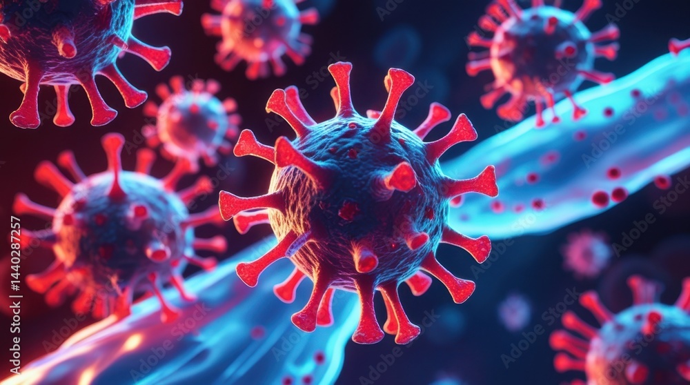 Close-Up of Red Virus Cells, 3D Illustration, High Resolution Close-Up of Red Virus Cells, 3D Illustration, High Resolution