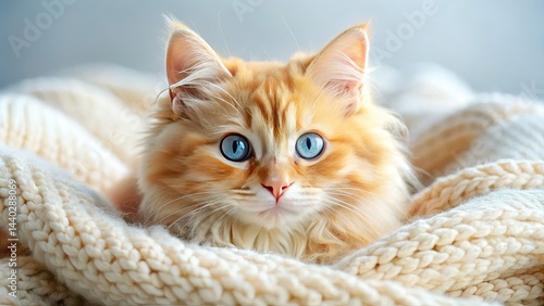 Fluffy Cream Orange Cat, Blue Eyes, Cozy Knit Blanket, Panoramic Photo, Tranquil Scene, Soft Natural Light
