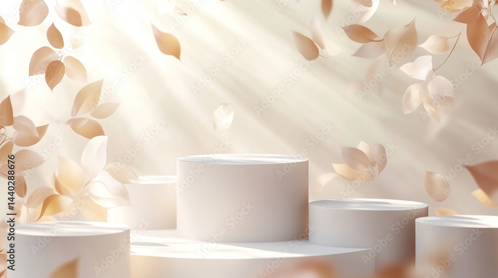 Elegant, autumnal, product display podiums, featuring falling leaves and sunlight Elegant, autumnal, product display podiums, featuring falling leaves and sunlight