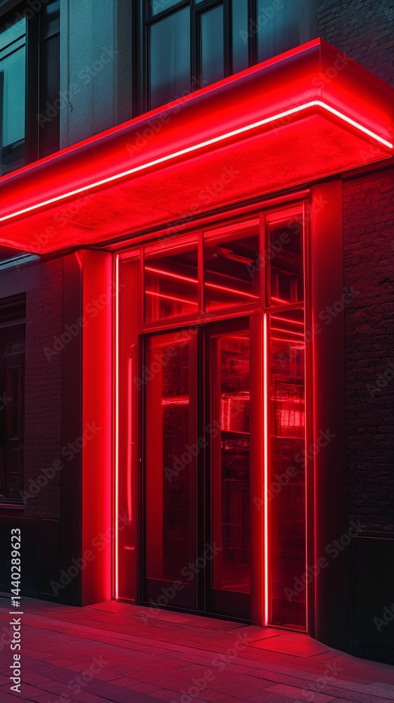 A stunning entrance illuminated by glowing red neon lights creates a captivating and modern ambiance, perfect for nightlife photography, showcasing vibrant urban aesthetics.