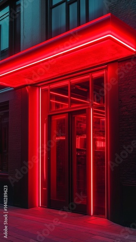 Obraz na płótnie A stunning entrance illuminated by glowing red neon lights creates a captivating and modern ambiance, perfect for nightlife photography, showcasing vibrant urban aesthetics. w salonie