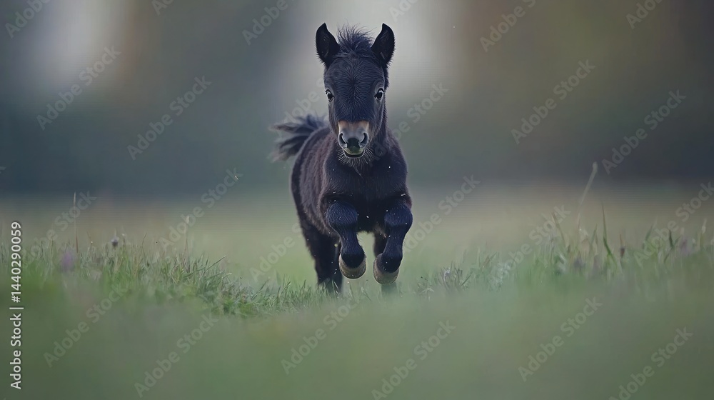 Fototapeta premium Dark foal galloping in grassy field