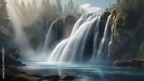 Sparkling Crystal Waterfall Shrouded in Ethereal Mist