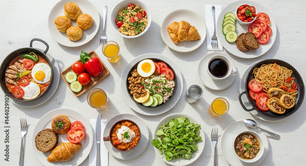 Variety of Breakfast Foods on Tabletop From Above Variety of Breakfast Foods on Tabletop From Above