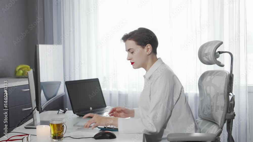 Focused female freelancer multitasking with smartphone and laptop in a bright office Focused female freelancer multitasking with smartphone and laptop in a bright office