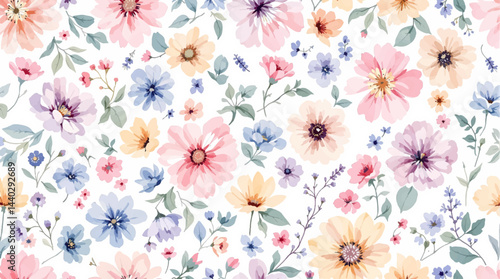 Seamless summer pattern with watercolor color flowers handmade.
