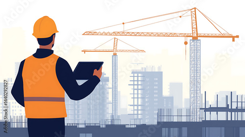 Construction Worker with Tablet Overlooking Site