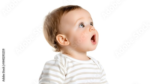 A surprised baby with open mouth looks upward, wearing a striped shirt against a white background