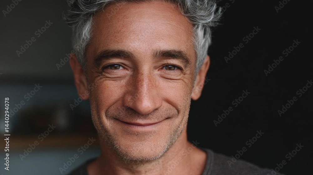 Obraz premium Close-up portrait of a middle-aged man with gray hair. he is smiling and looking directly at the camera. he has a slight smile on his face and his eyes are slightly squinted.