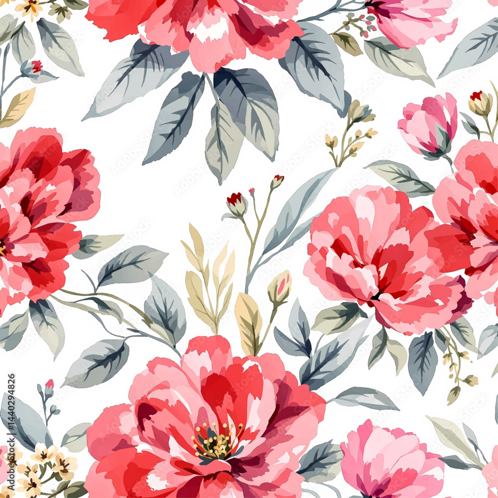 Seamless summer pattern with watercolor red flowers handmade.
