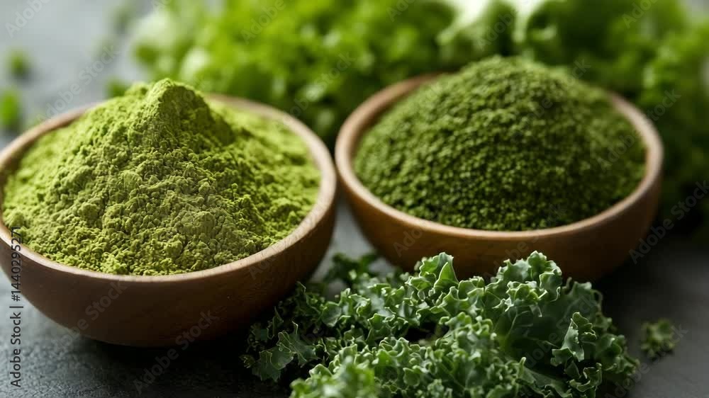 Wooden bowls brimming with kale powder promoting healthy lifestyle Wooden bowls brimming with kale powder promoting healthy lifestyle