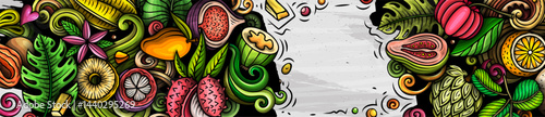 Cartoon vector doodle Tropical Fruits banner background. Funny natural food colorful illustration.