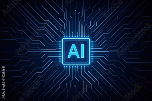 Circuit Board with AI Core, Abstract Futuristic Design, Glowing Blue Lines, Tech Backdrop