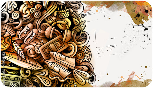 Hippie hand-drawn doodle banner. Cartoon watercolor vintage illustration with objects and symbols. Color vector background