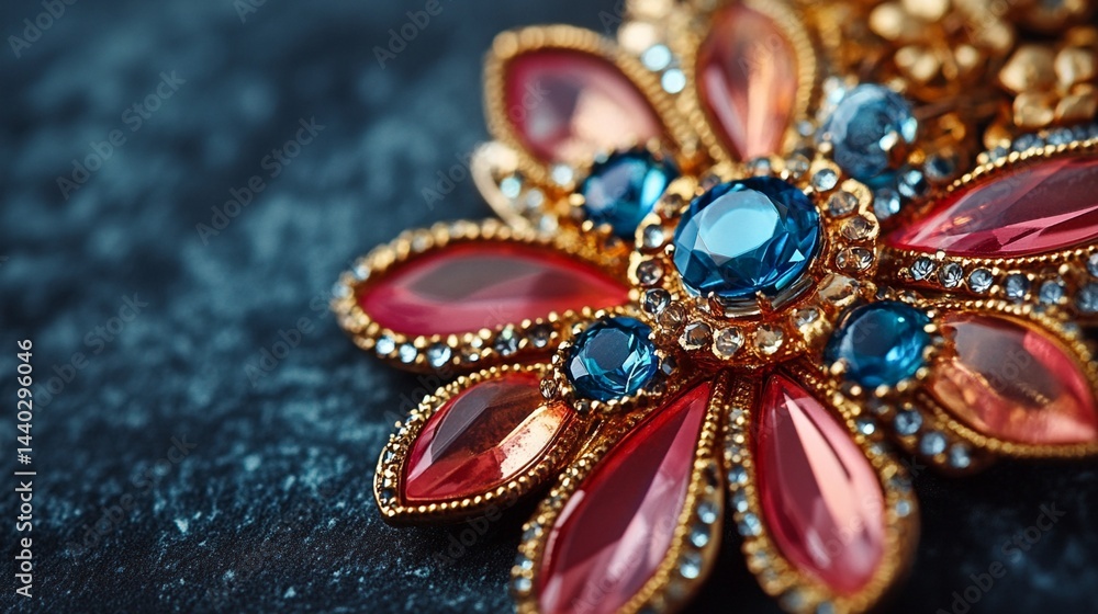 Stunning macro shot of an exquisite floral brooch, showcasing intricate details and vibrant gemstones, embodying elegance and artistic craftsmanship—perfect for fashion or jewelry use. Stunning macro shot of an exquisite floral brooch, showcasing intricate details and vibrant gemstones, embodying elegance and artistic craftsmanship—perfect for fashion or jewelry use.
