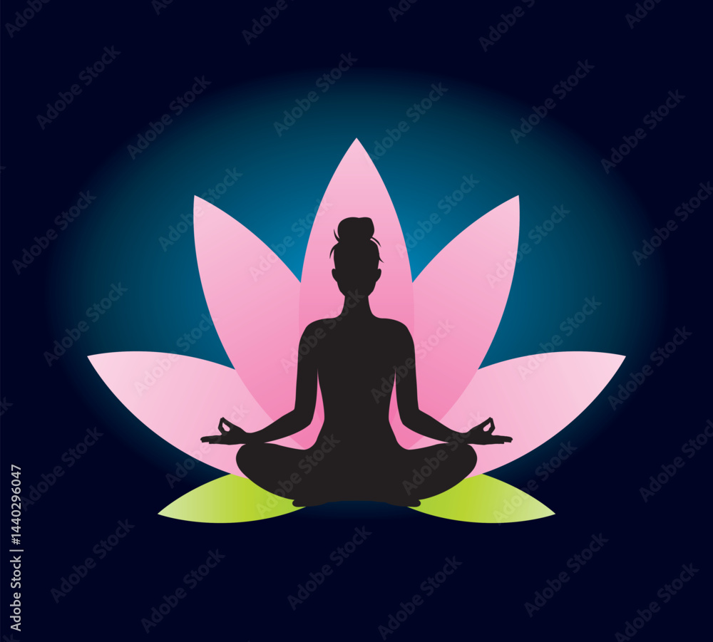 FEMME EN POSITION DU LOTUS DEVANT FLEUR DE LOTUS 3 - Illustration vectorielle