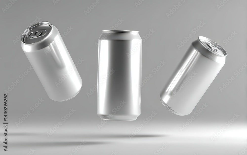Three blank aluminum cans are floating against a plain, light gray background. Three blank aluminum cans are floating against a plain, light gray background.