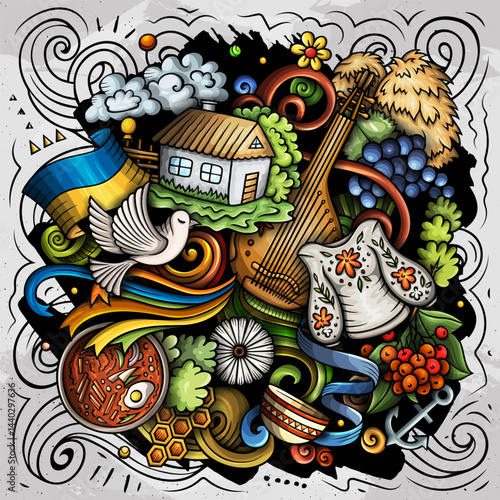 Ukraine cartoon doodle illustration. Funny Ukrainian design. Creative vector background 