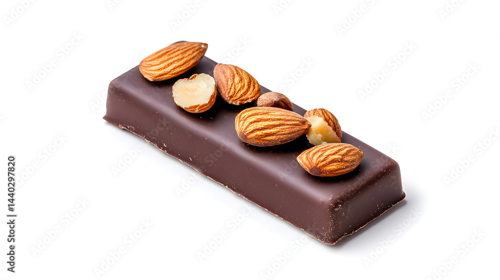 Dark chocolate bar with almonds, isolated on a white background Dark chocolate bar with almonds, isolated on a white background