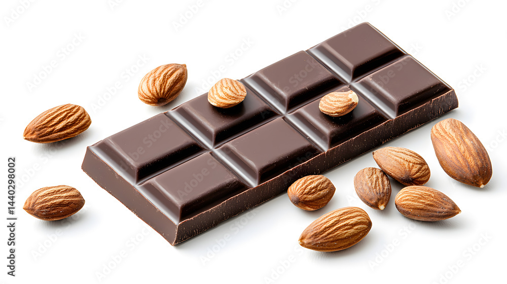 Dark chocolate bar with almonds, isolated on a white background Dark chocolate bar with almonds, isolated on a white background