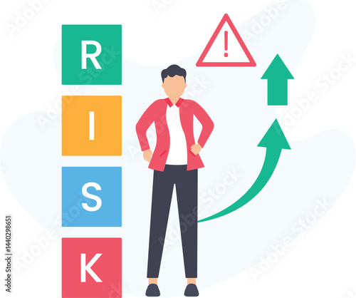 AdoBusinessman standing near increasing risk level blocks with a warning sign, representing the growing challenges and uncertainties in business ventures

be Illustrator Artwork