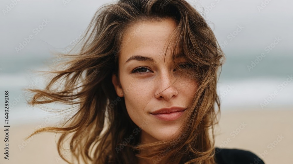 Close-up portrait of a young woman on a beach. she is looking directly at the camera with a slight smile on her face. her hair is styled in loose waves that are blowing in the wind. Close-up portrait of a young woman on a beach. she is looking directly at the camera with a slight smile on her face. her hair is styled in loose waves that are blowing in the wind.