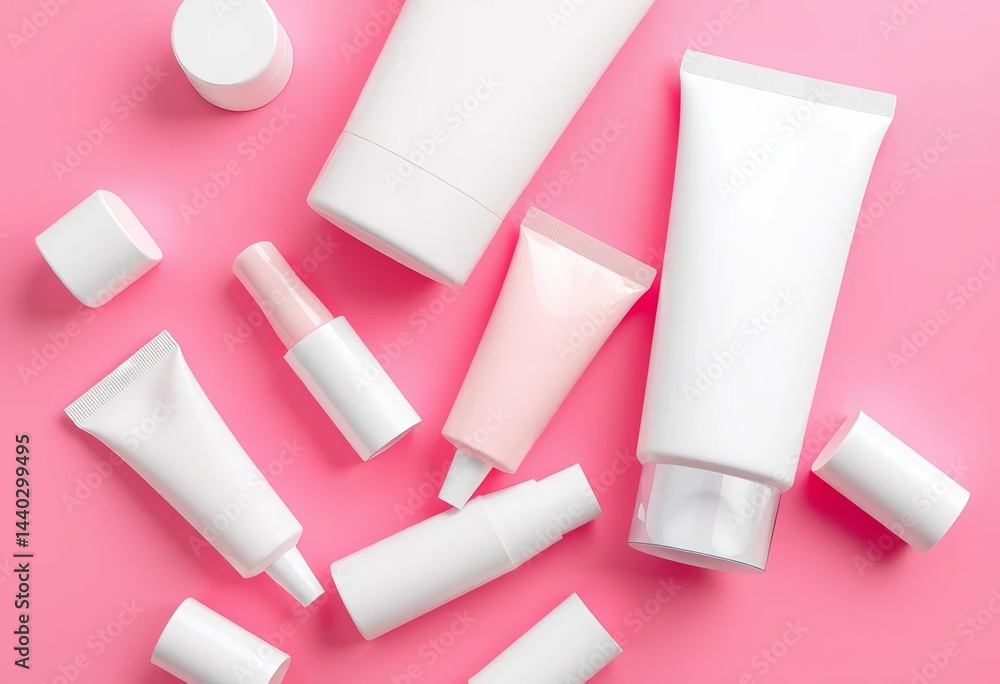 White and pink cosmetic tubes on pink background, modern design, skincare, shot White and pink cosmetic tubes on pink background, modern design, skincare, shot