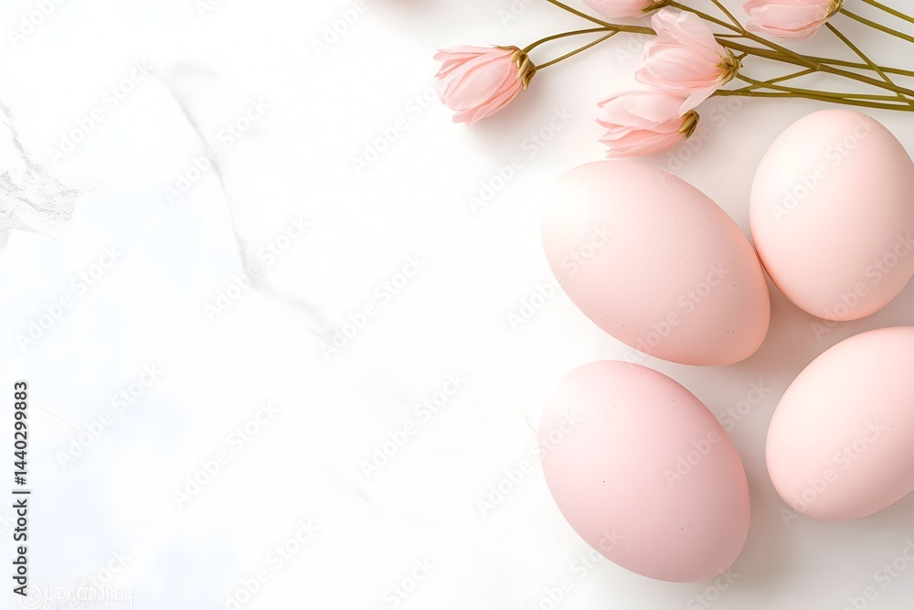 Pastel pink eggs and delicate flowers arranged on a white marble background Pastel pink eggs and delicate flowers arranged on a white marble background