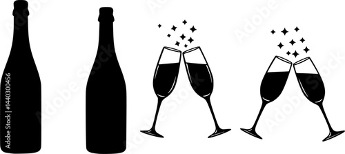 set of vector Champagne silhouette, Champagne bottle and glass fireworks cheers icon, champagne glasses, bottle
