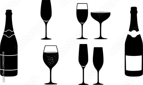 set of vector Champagne silhouette, Champagne bottle and glass fireworks cheers icon, champagne glasses, bottle
