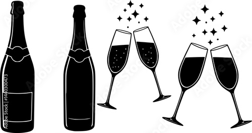 set of vector Champagne silhouette, Champagne bottle and glass fireworks cheers icon, champagne glasses, bottle
