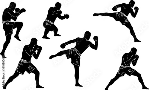 set of black boxer, kickboxing kick boxer boxing men, boxer throwing a punch silhouettes
