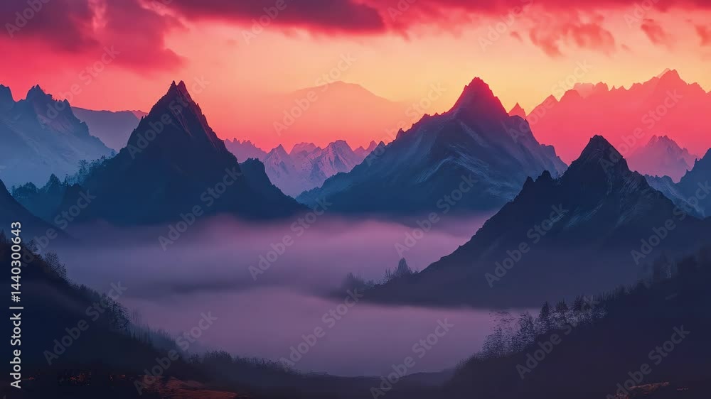 Mountain Fog Landscape under Red Sky Mountain Fog Landscape under Red Sky