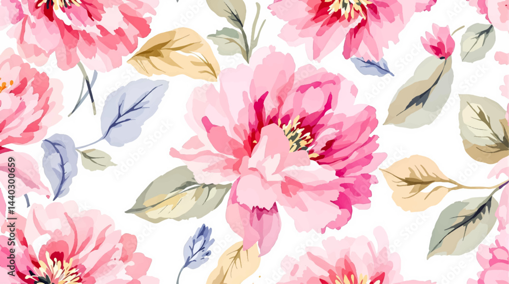 Peonies Seamless Pattern. Watercolor Background.
