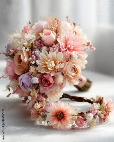 Beautiful Floral Crown and Bouquet Arrangement in Soft Pastels